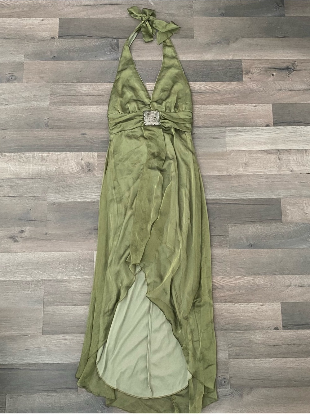 Vintage Y2K KiKi Green Satin Halter Mullet Maxi Dress Rhinestone Buckle